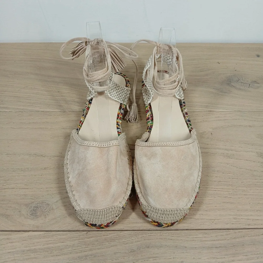 J. Crew Espadrille Women 9 Tan Suede Lace Up Ankle Tie Boho Coastal Summer